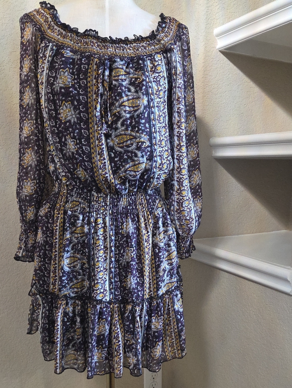 Fire Los Angeles Navy and Mustard Floral Tiered Long-Sleeve Dress